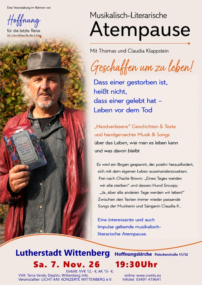 „Musikalisch-Literarische Atempause“ mit Thomas und Claudia Klappstein "Geschaffen um zu leben"!